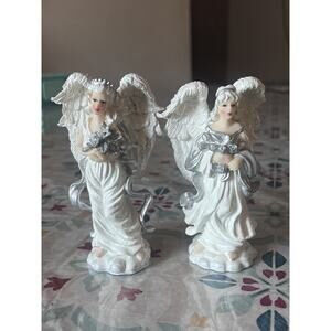 Resin Winged Angel Silver Figurines Set Of 2